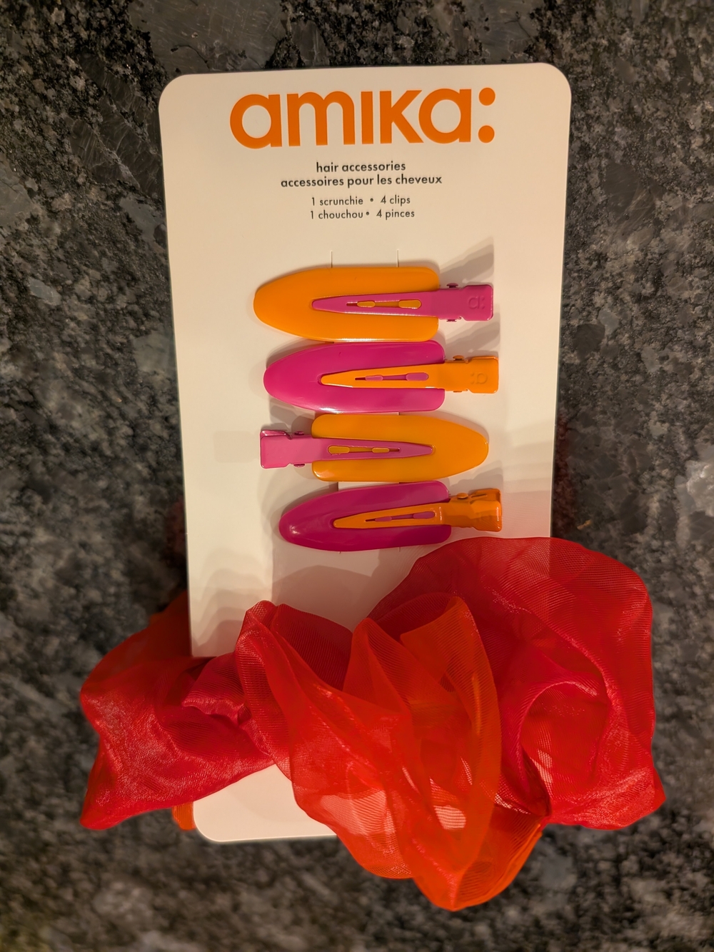 amika Bright Pink and Orange Clip & Scrunchie Set